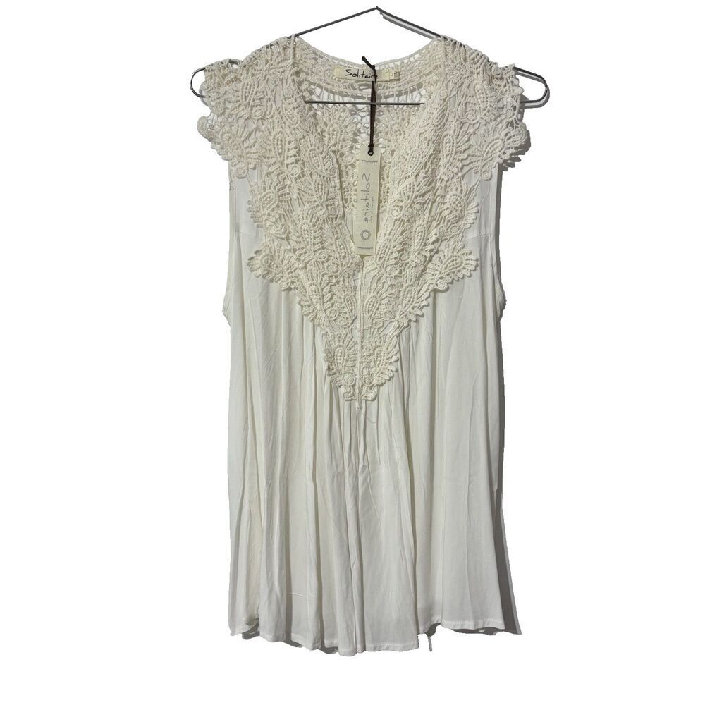 NWT Solitaire White‎ Laced Crochet V-Neck Sleeveless Stretch Top Size Large